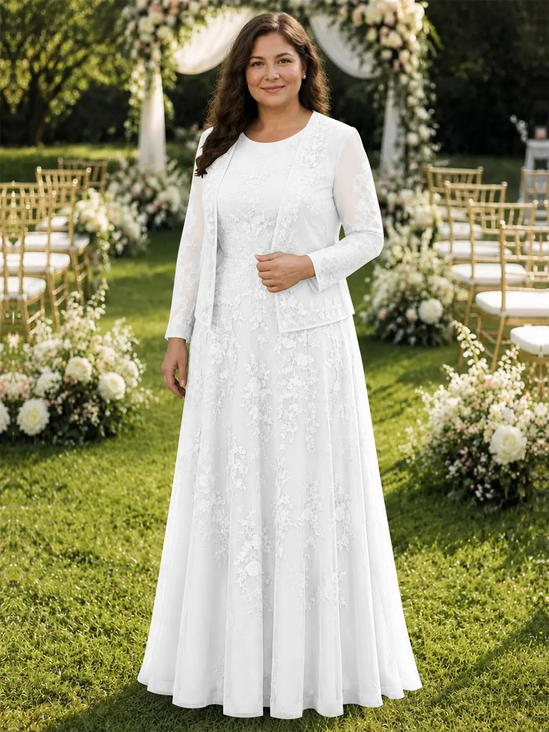 Two-Piece Lace Mother of the Bride Dress with Long Sleeves-Plus Size 