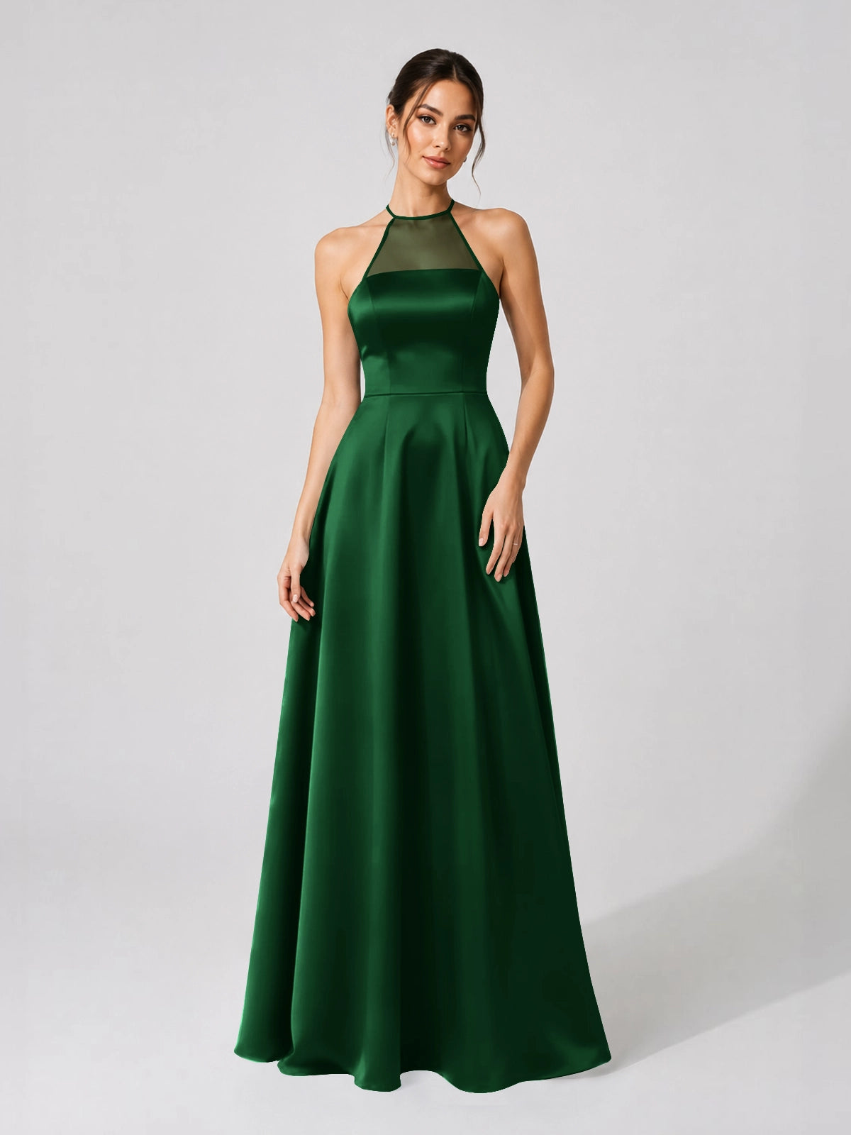 Satin Bridesmaid Dress with Illusion Halter Neck 