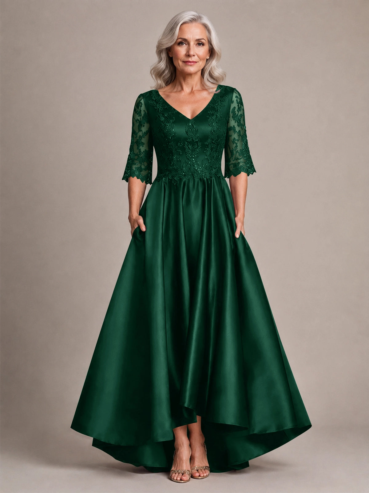 Satin Mother of the Bride Dress with Lace Sleeves 