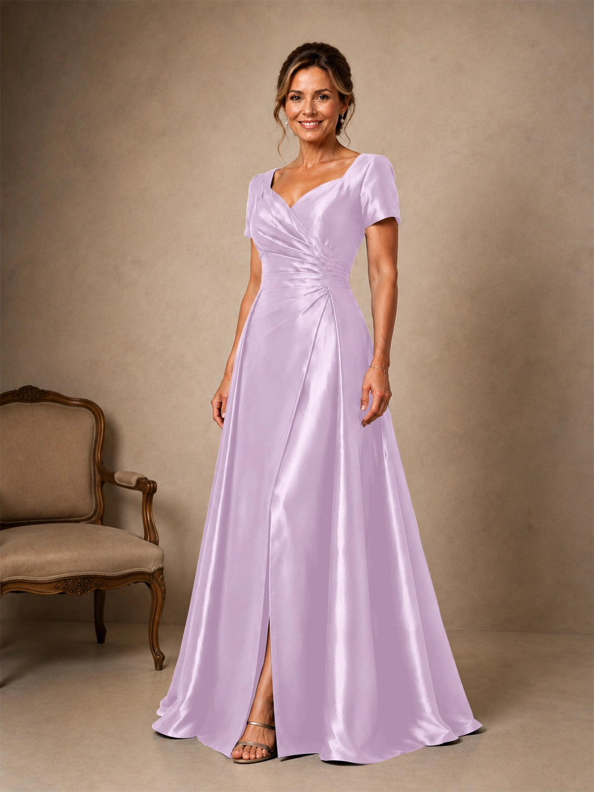 Silk-like Prom Dress with Short Sleeves 