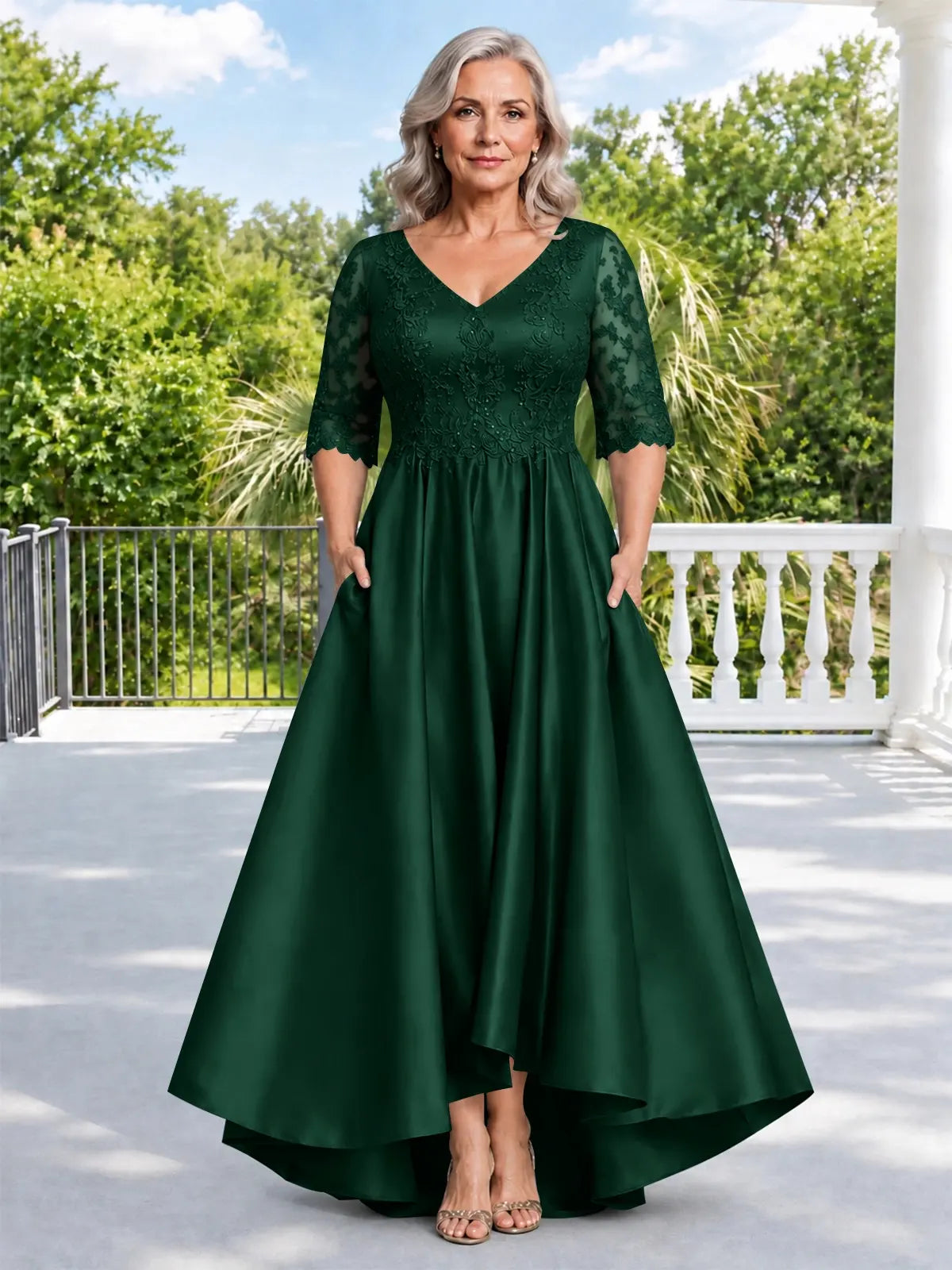 Satin Mother of the Bride Dress with Lace Sleeves-Plus Size 