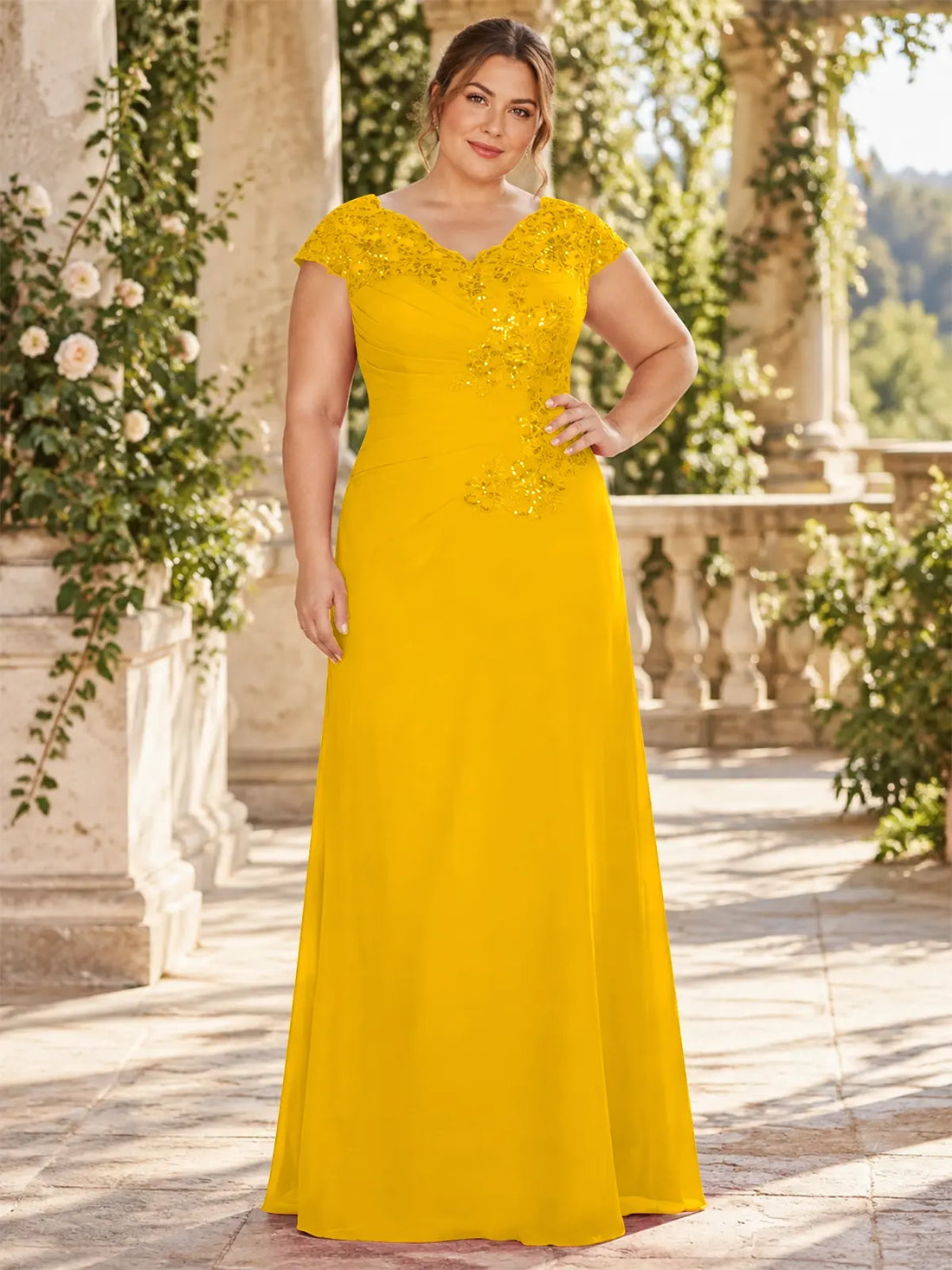 Sequin Applique Lace Shoulders Dress-Plus Size 