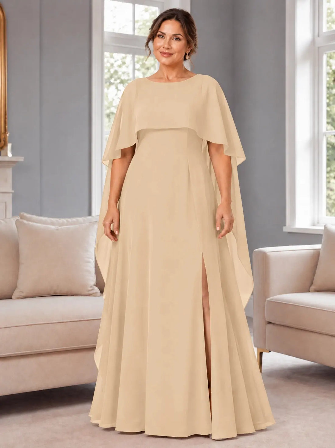 Chiffon Mother of the Bride Dress with Cape Overlay-Plus Size 
