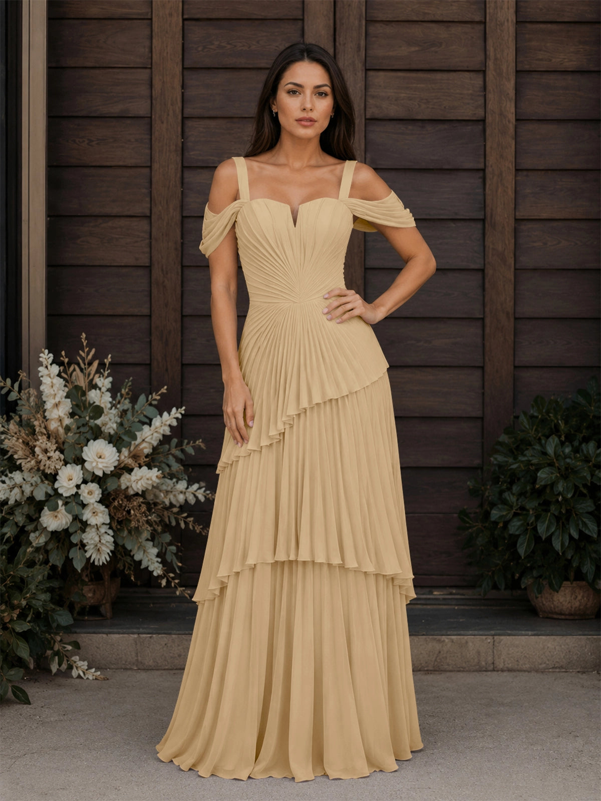 Chiffon Bridesmaid Dress with Cold-Shoulder 