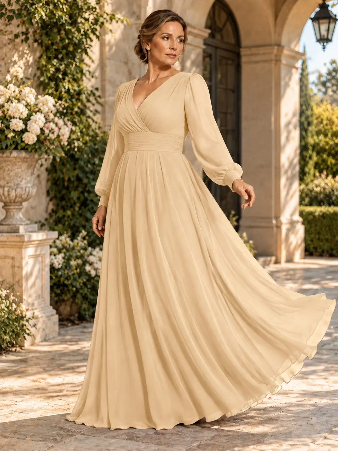 Chiffon Mother of the Bride Dress with Long Sleeves-Plus Size 