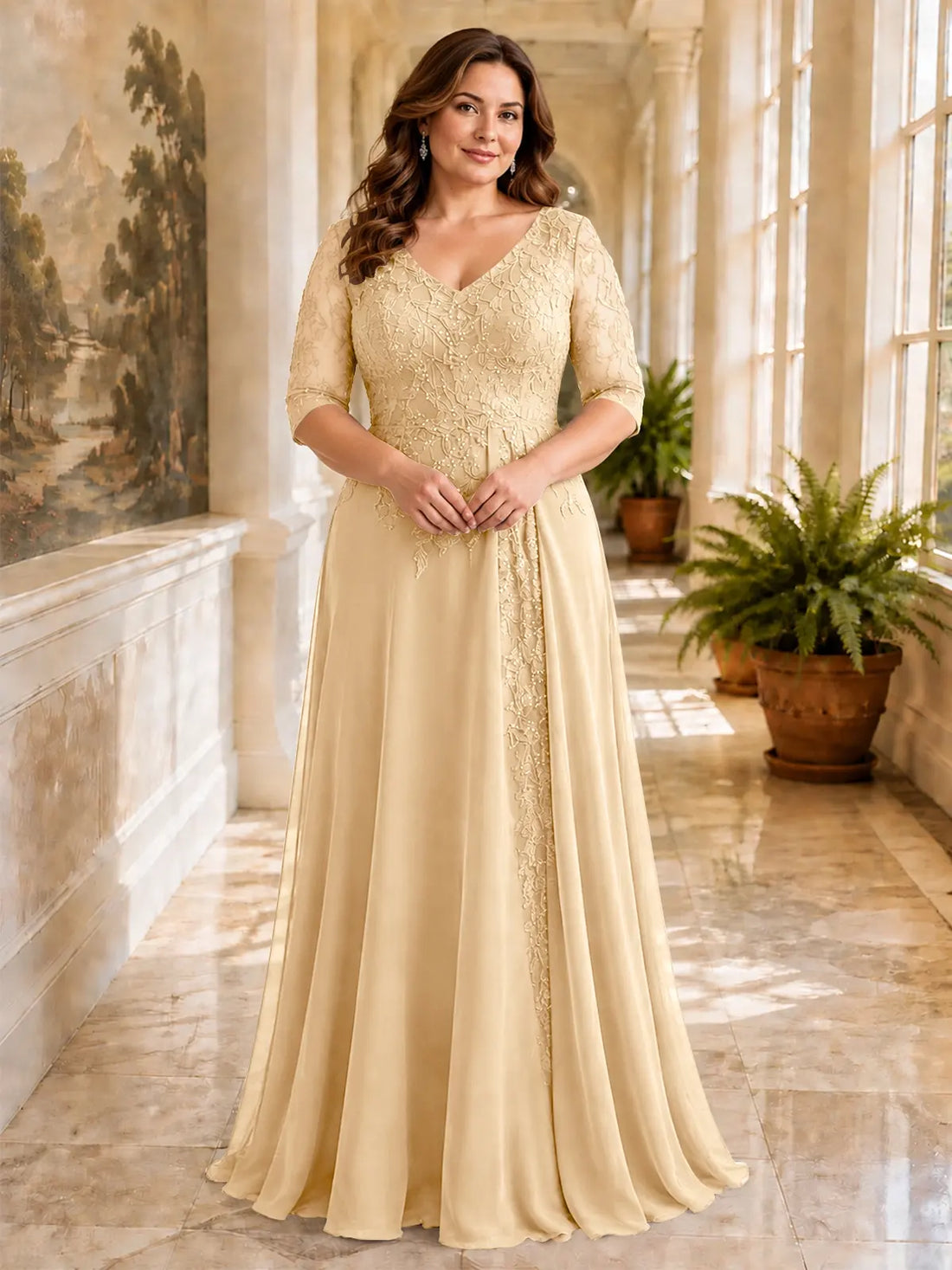 Applique V-Neck Chiffon Dress-Plus Size 