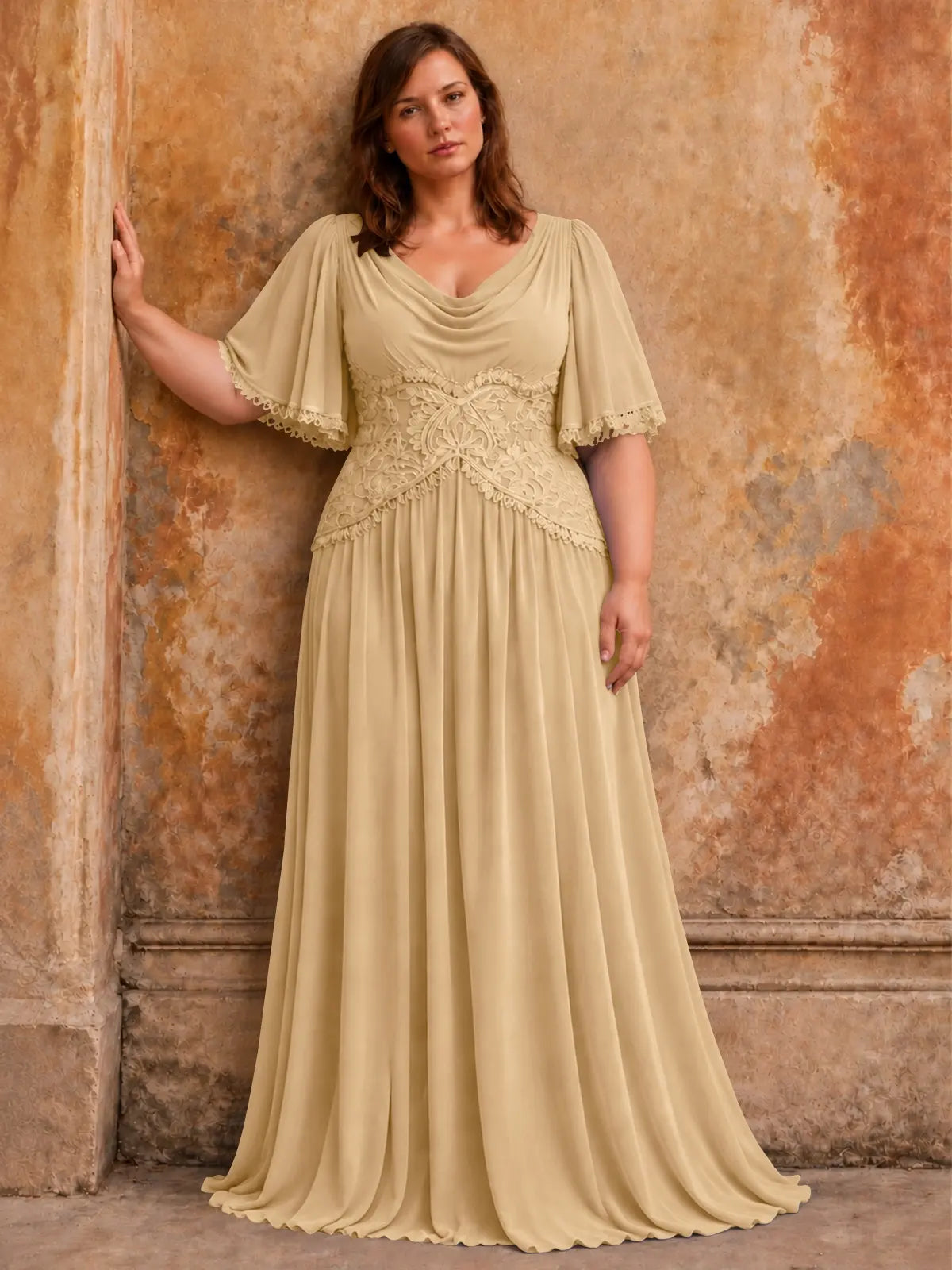 Cowl Neck Mother of the Bride Dress with Applique-Plus Size 