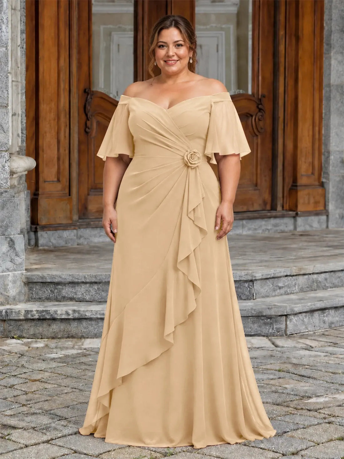 Chiffon Mother of the Bride Dress with 3D Rosette-Plus Size 