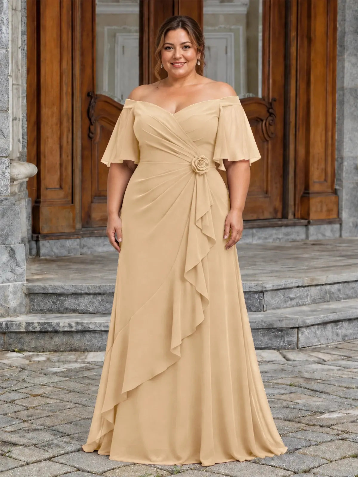 Chiffon Mother of the Bride Dress with 3D Rosette-Plus Size 