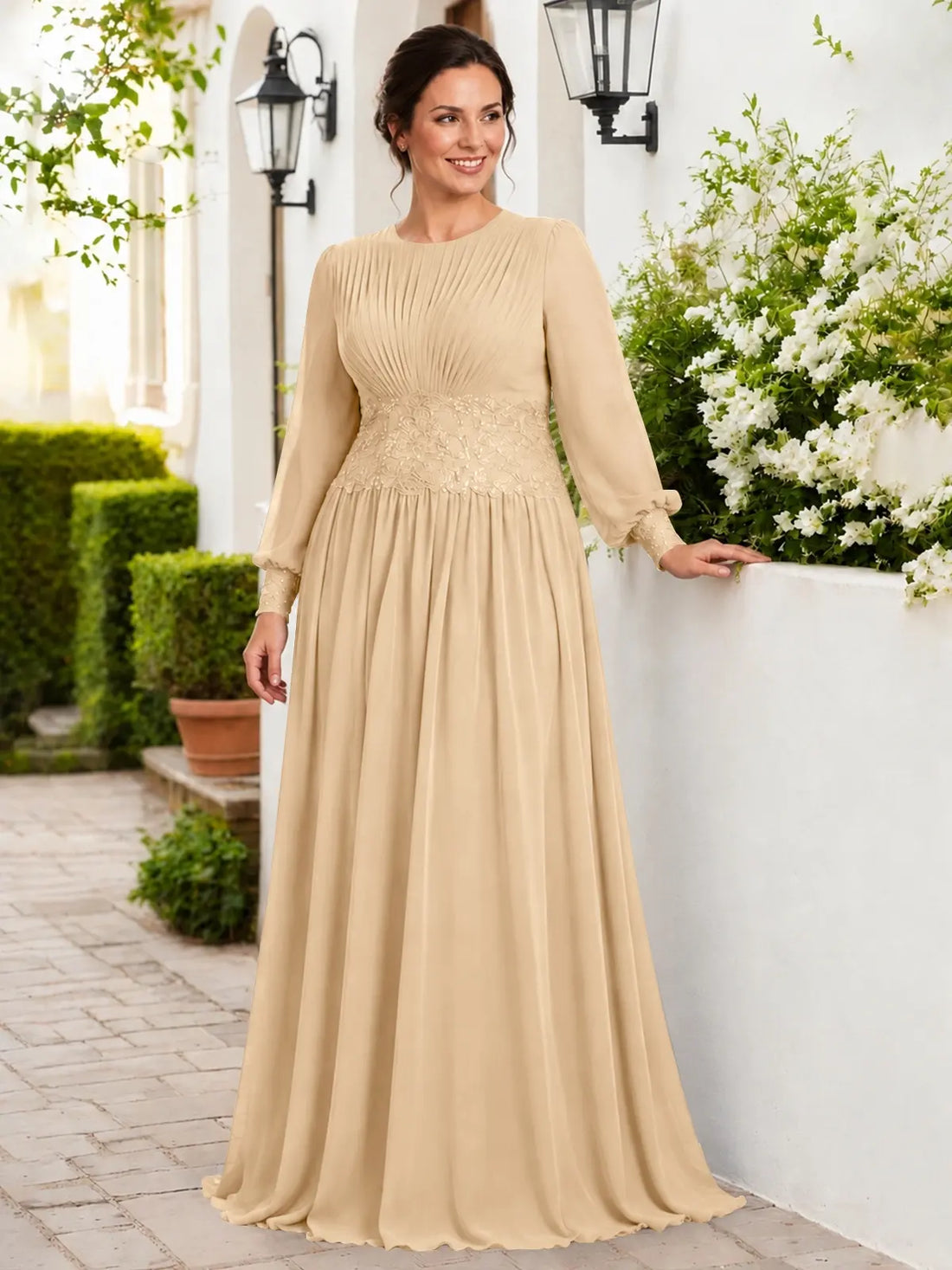 Chiffon Mother of the Bride Dress with Jewel Neckline-Plus Size 
