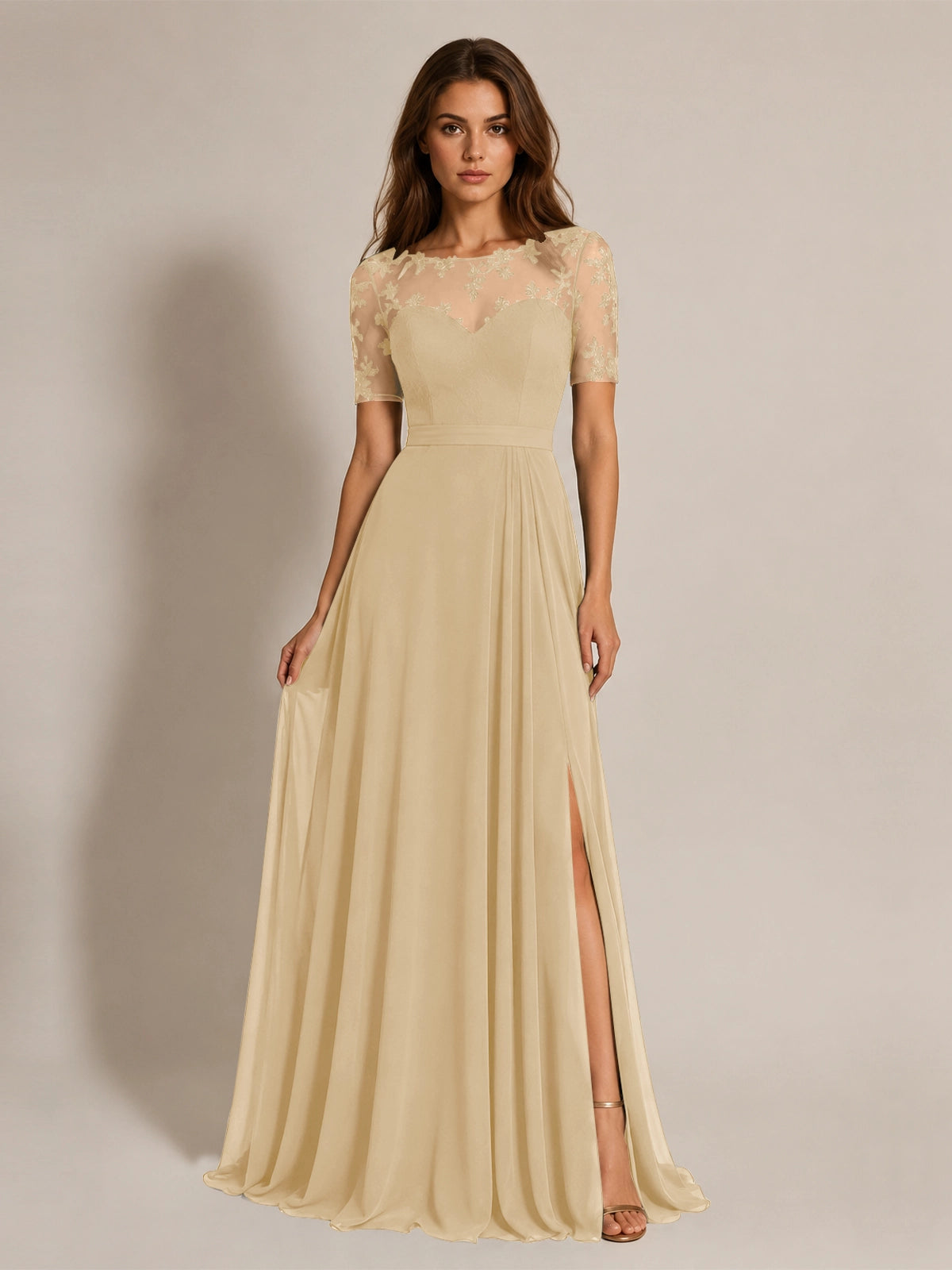 Lace Mother of the Bride Dress with Illusion Neckline 