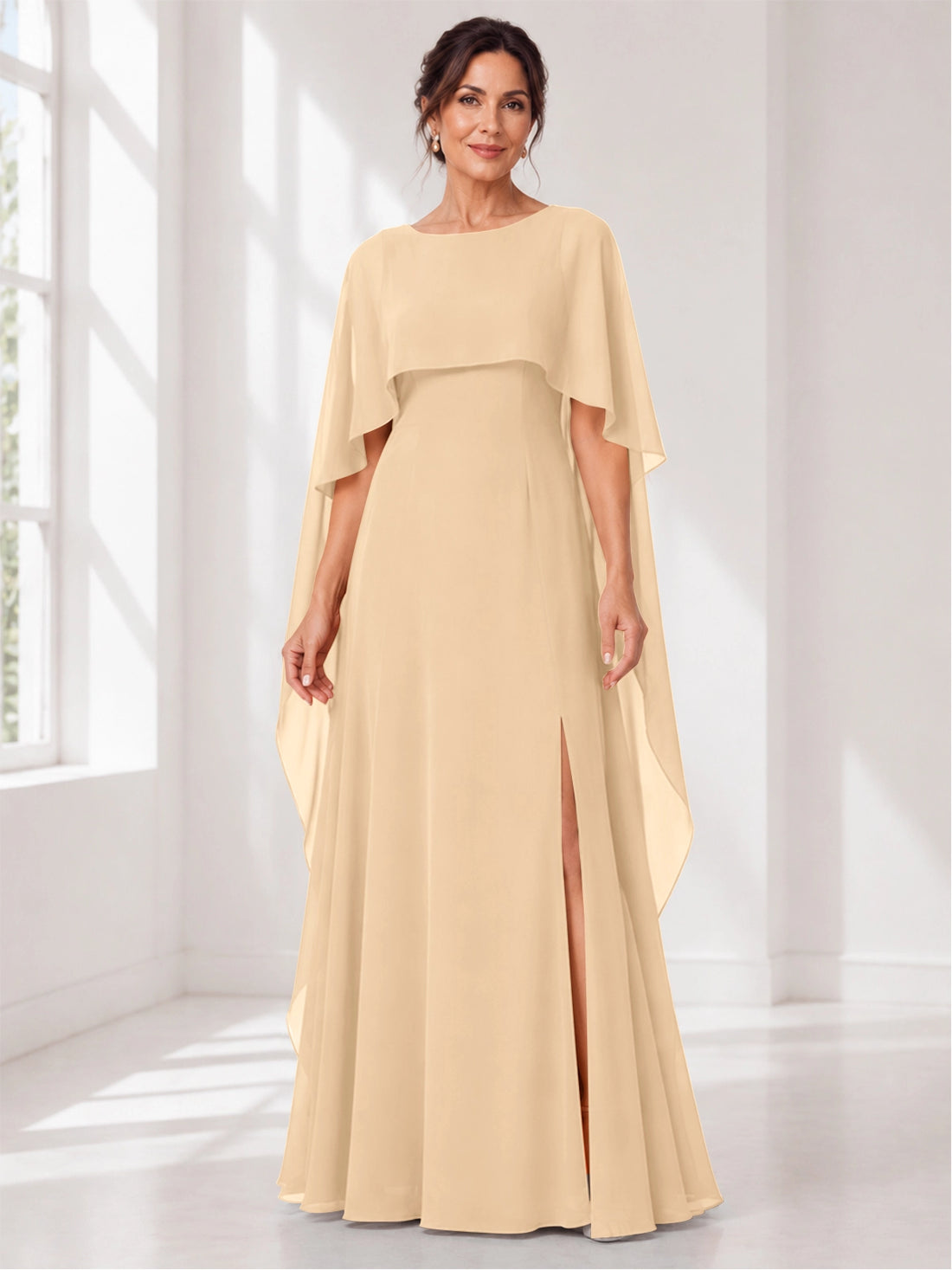 Chiffon Mother of the Bride Dress with Cape Overlay 