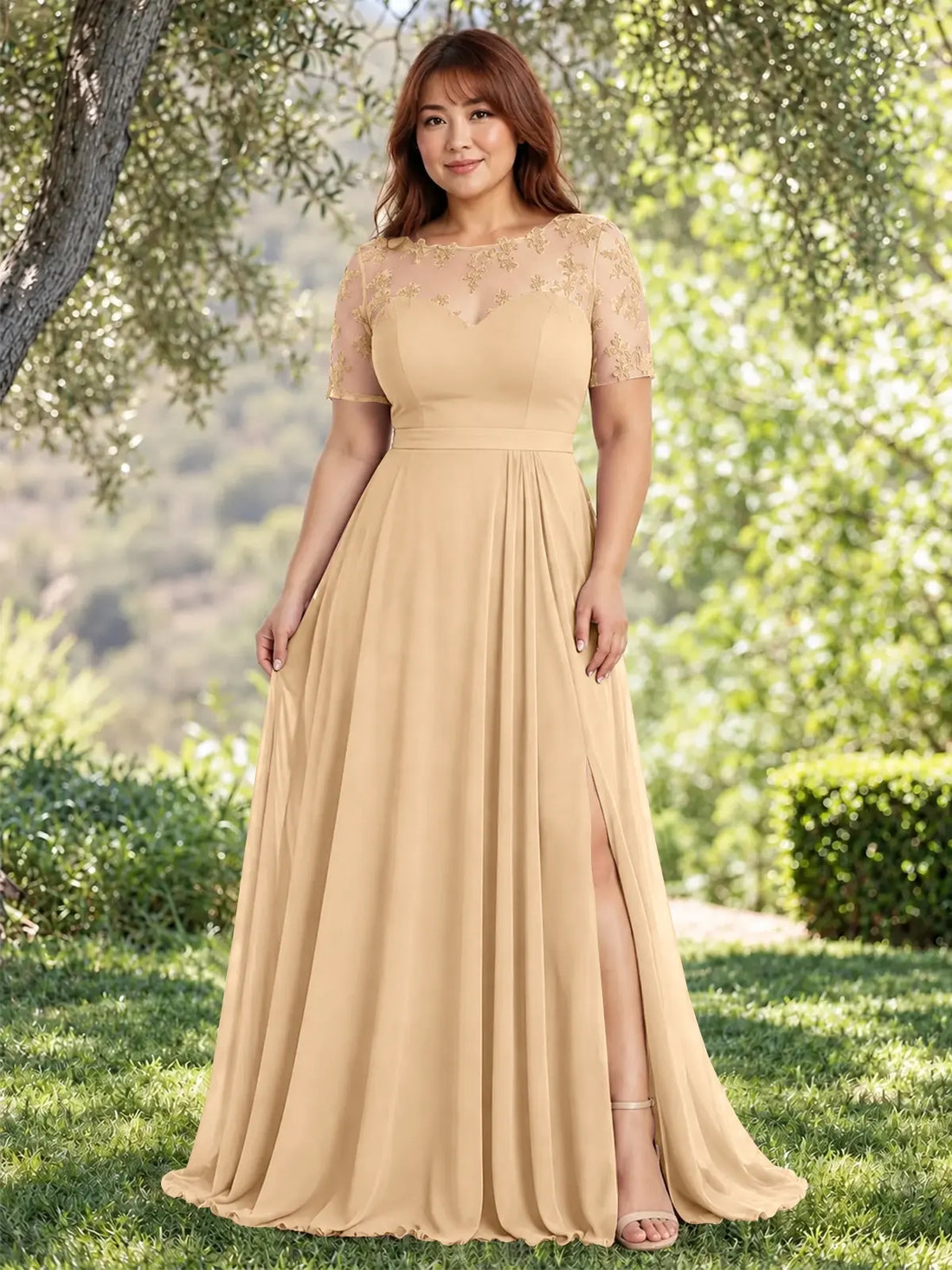 Lace Mother of the Bride Dress with Illusion Neckline-Plus Size 
