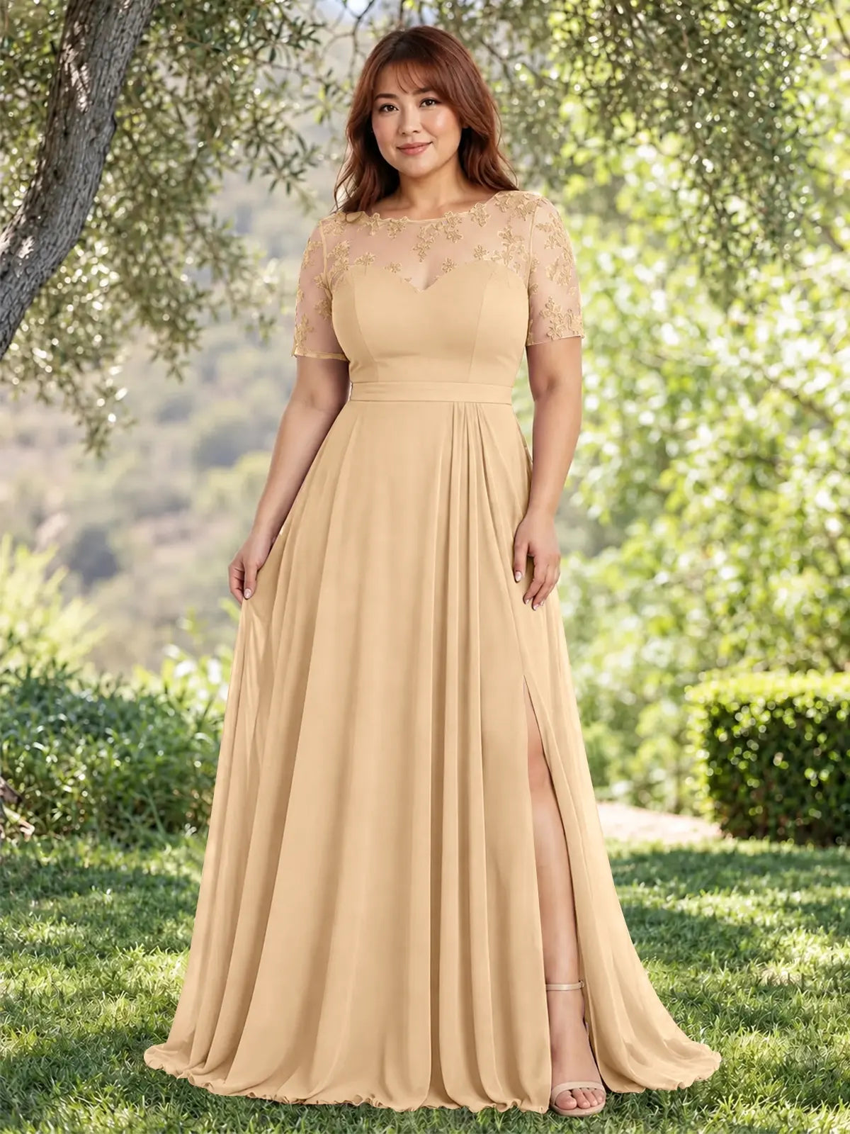 Lace Mother of the Bride Dress with Illusion Neckline-Plus Size 