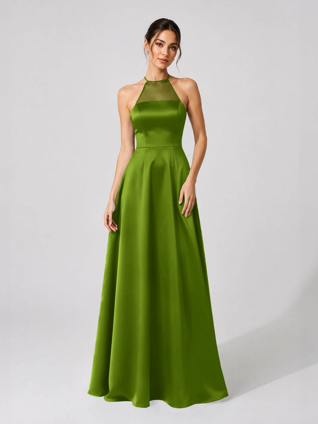 Satin Bridesmaid Dress with Illusion Halter Neck 