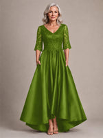 Satin Mother of the Bride Dress with Lace Sleeves 