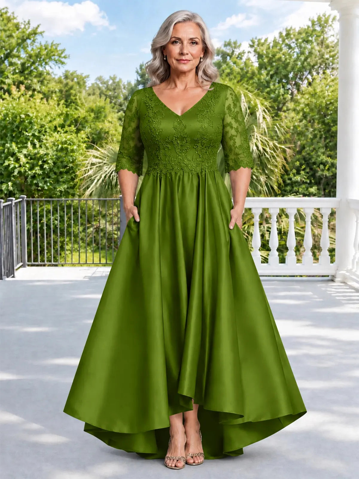 Satin Mother of the Bride Dress with Lace Sleeves-Plus Size 