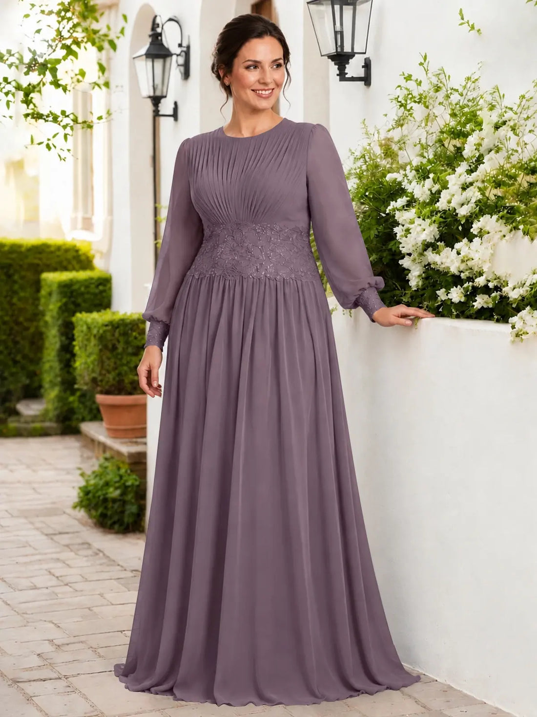 Chiffon Mother of the Bride Dress with Jewel Neckline-Plus Size 
