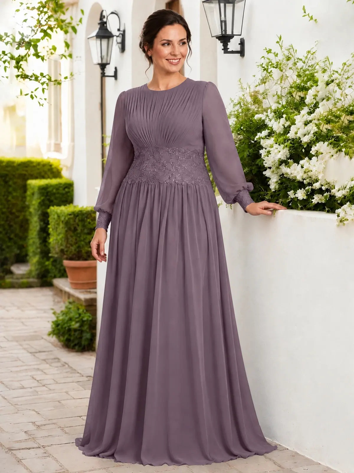 Chiffon Mother of the Bride Dress with Jewel Neckline-Plus Size 