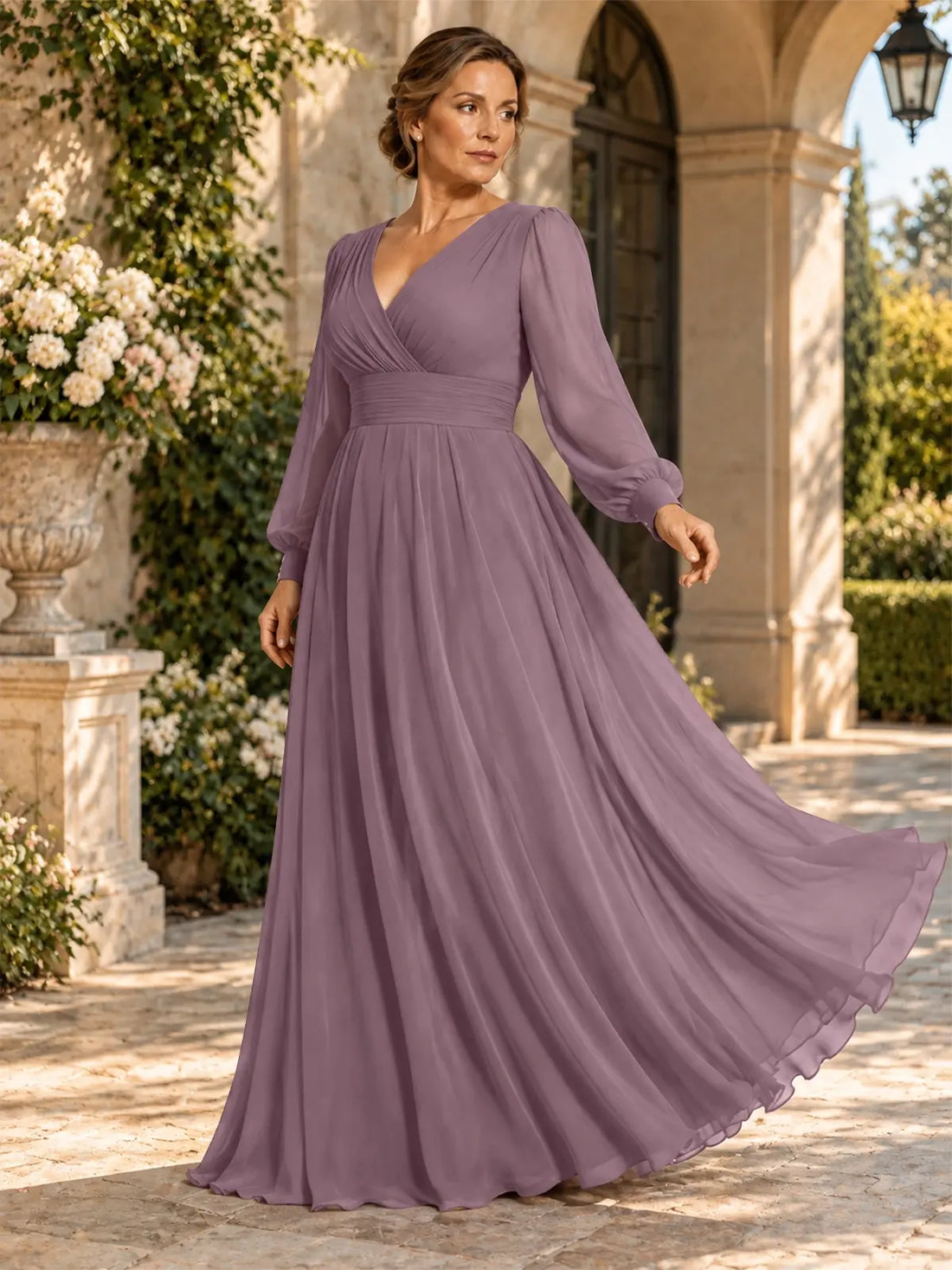 Chiffon Mother of the Bride Dress with Long Sleeves-Plus Size 