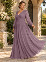 Chiffon Mother of the Bride Dress with Long Sleeves-Plus Size 