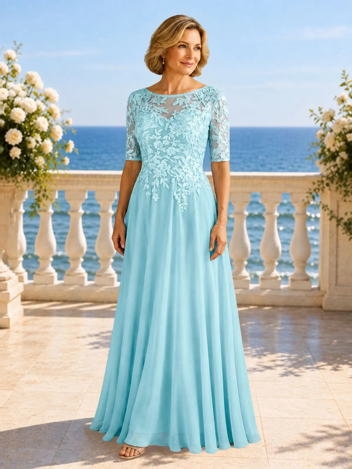 Applique Half Sleeves Chiffon Dress 