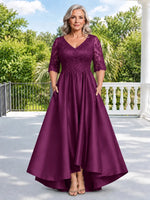 Satin Mother of the Bride Dress with Lace Sleeves-Plus Size 