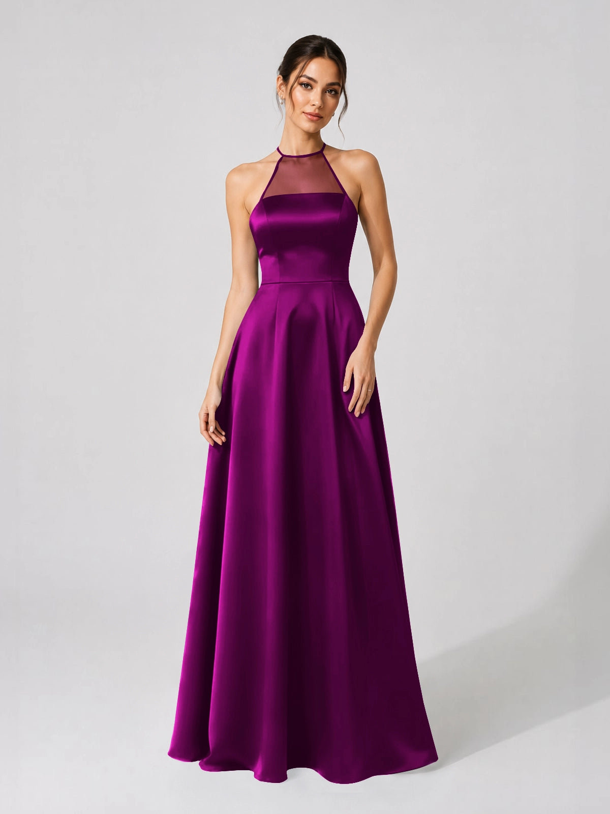 Satin Bridesmaid Dress with Illusion Halter Neck 