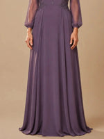 V‑neck Mother of The Bride Dress with Long Illusion Puff Sleeves