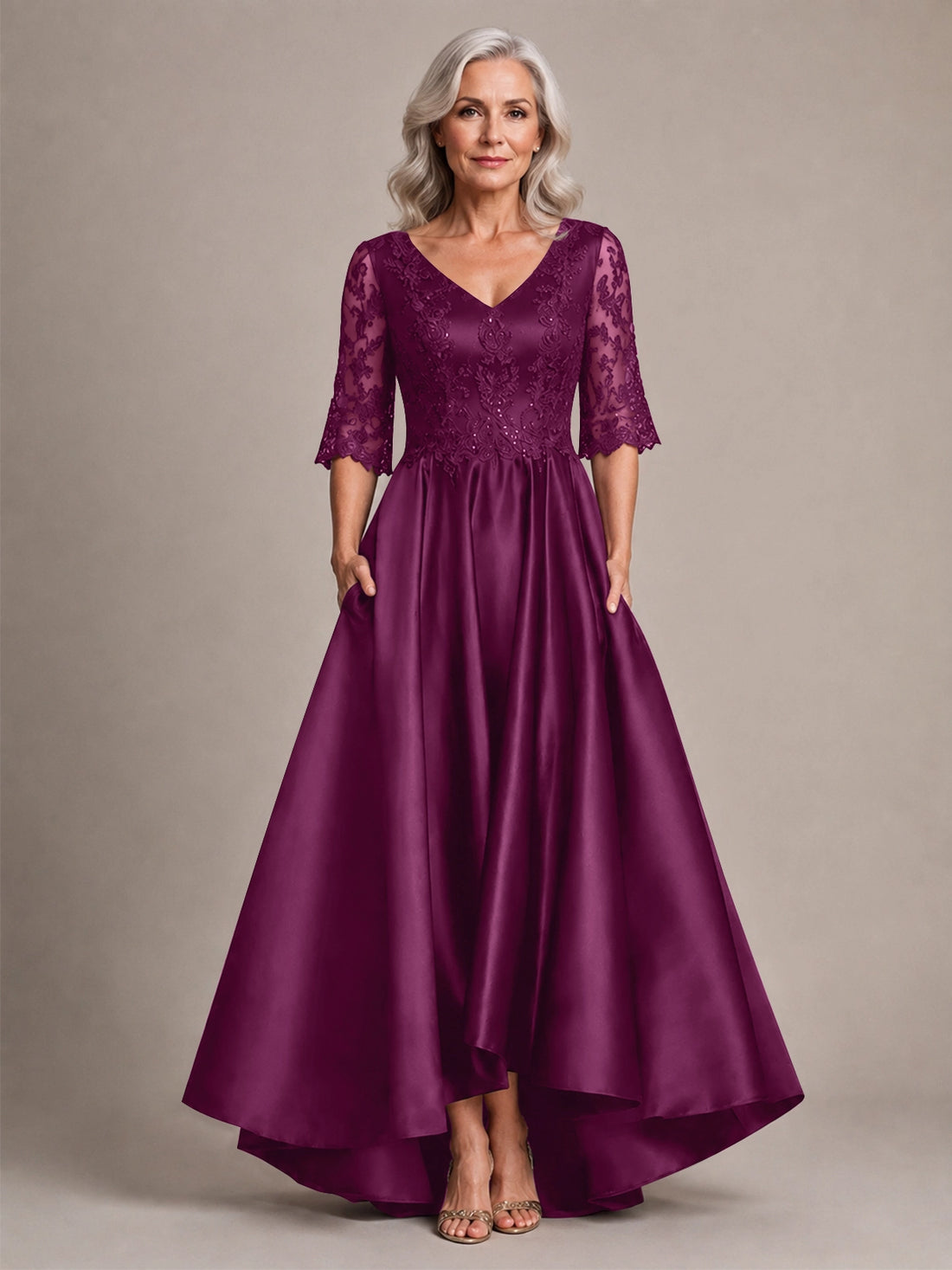 Satin Mother of the Bride Dress with Lace Sleeves 