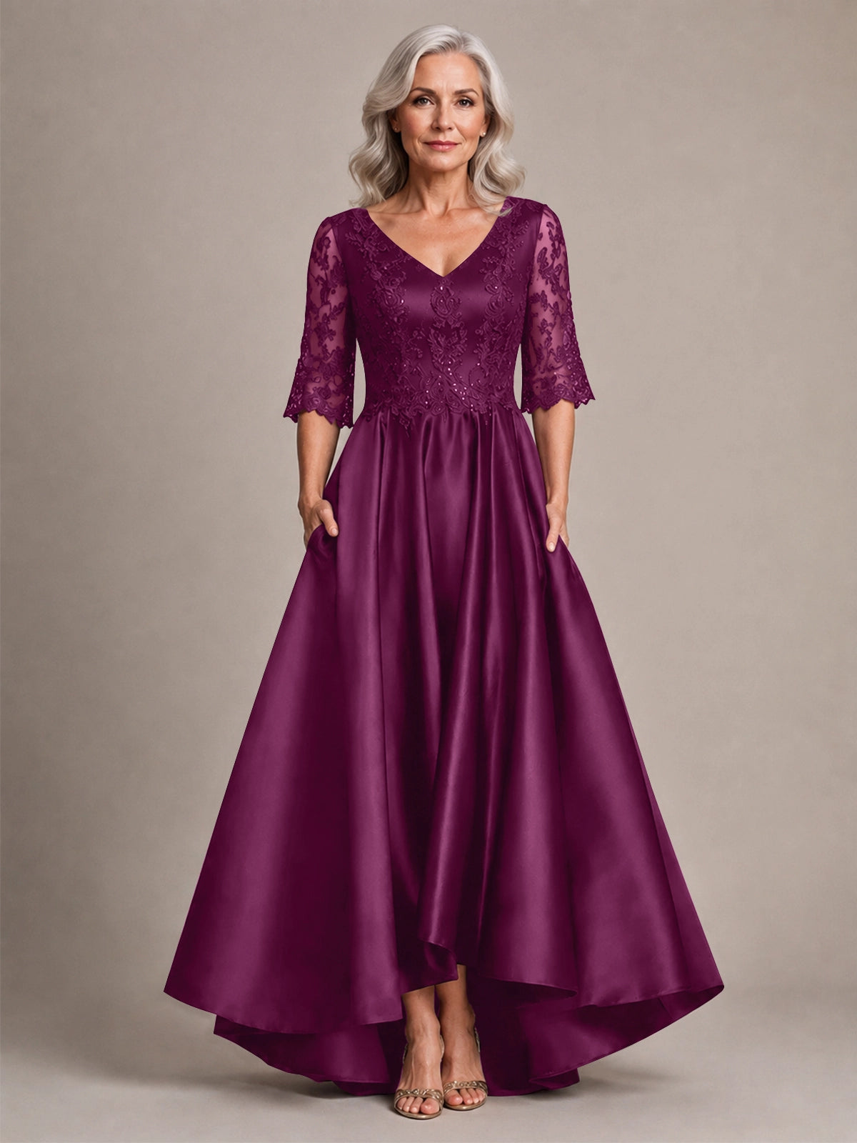 Satin Mother of the Bride Dress with Lace Sleeves 