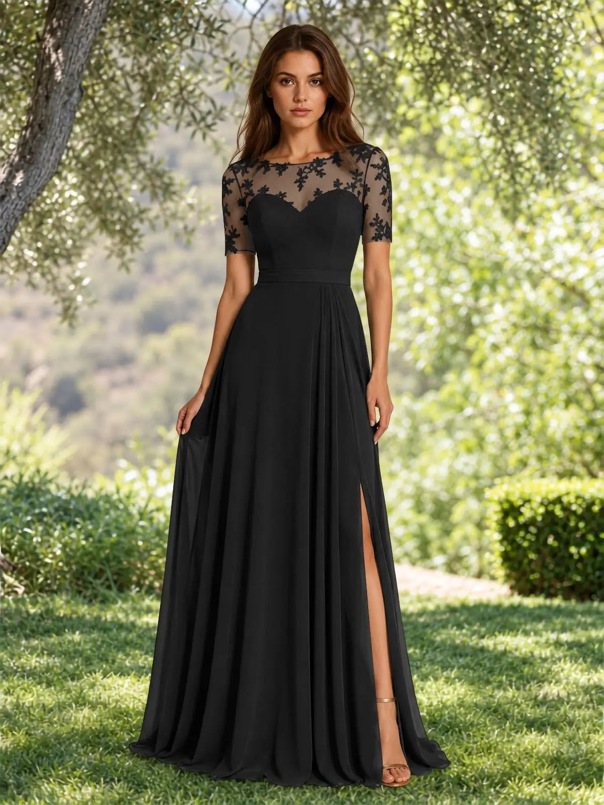 Lace Mother of the Bride Dress with Illusion Neckline 