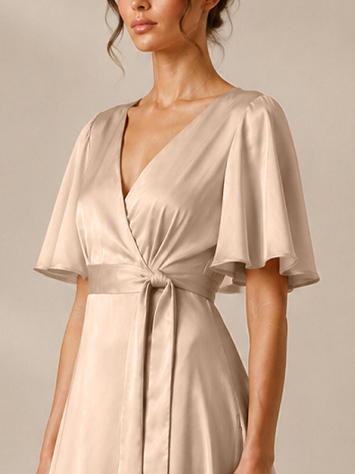 V-neck Bridesmaid Dress with Flutter Sleeves