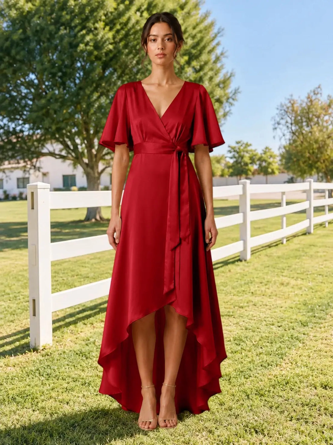 V-neck Bridesmaid Dress with Flutter Sleeves