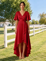 V-neck Bridesmaid Dress with Flutter Sleeves