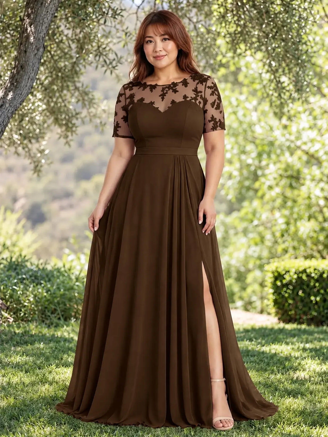 Lace Mother of the Bride Dress with Illusion Neckline-Plus Size 