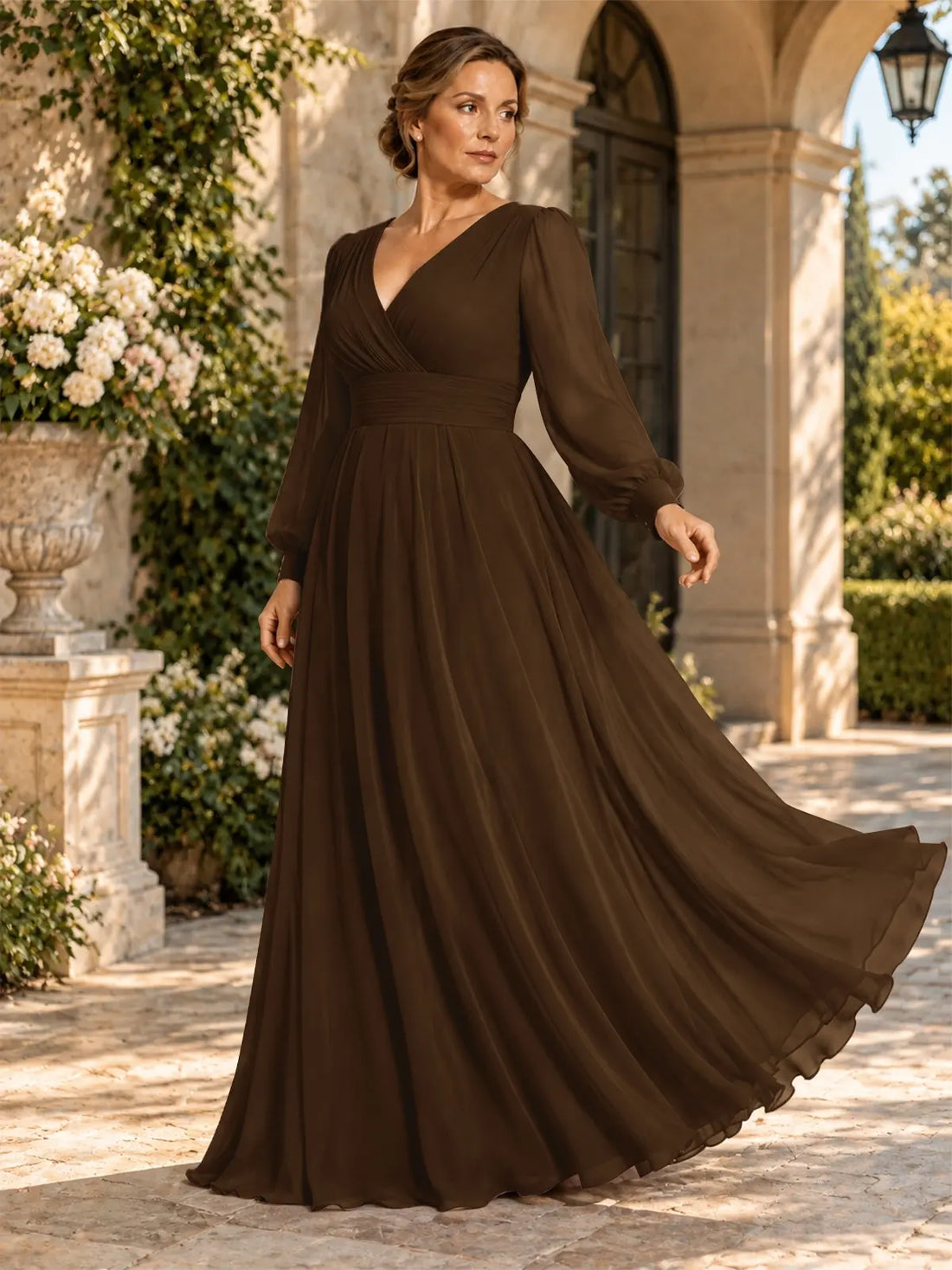 Chiffon Mother of the Bride Dress with Long Sleeves-Plus Size 