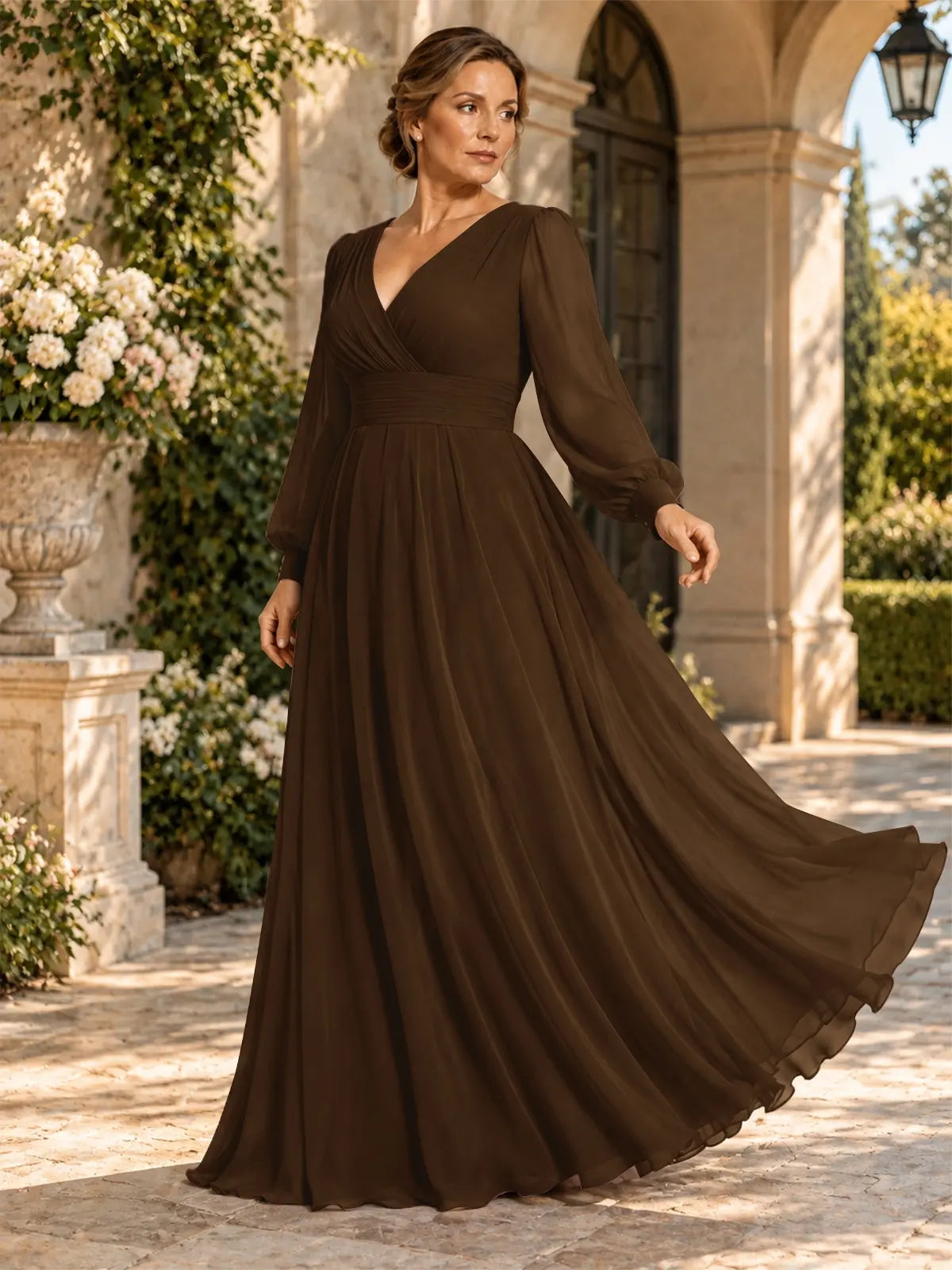 Chiffon Mother of the Bride Dress with Long Sleeves-Plus Size 