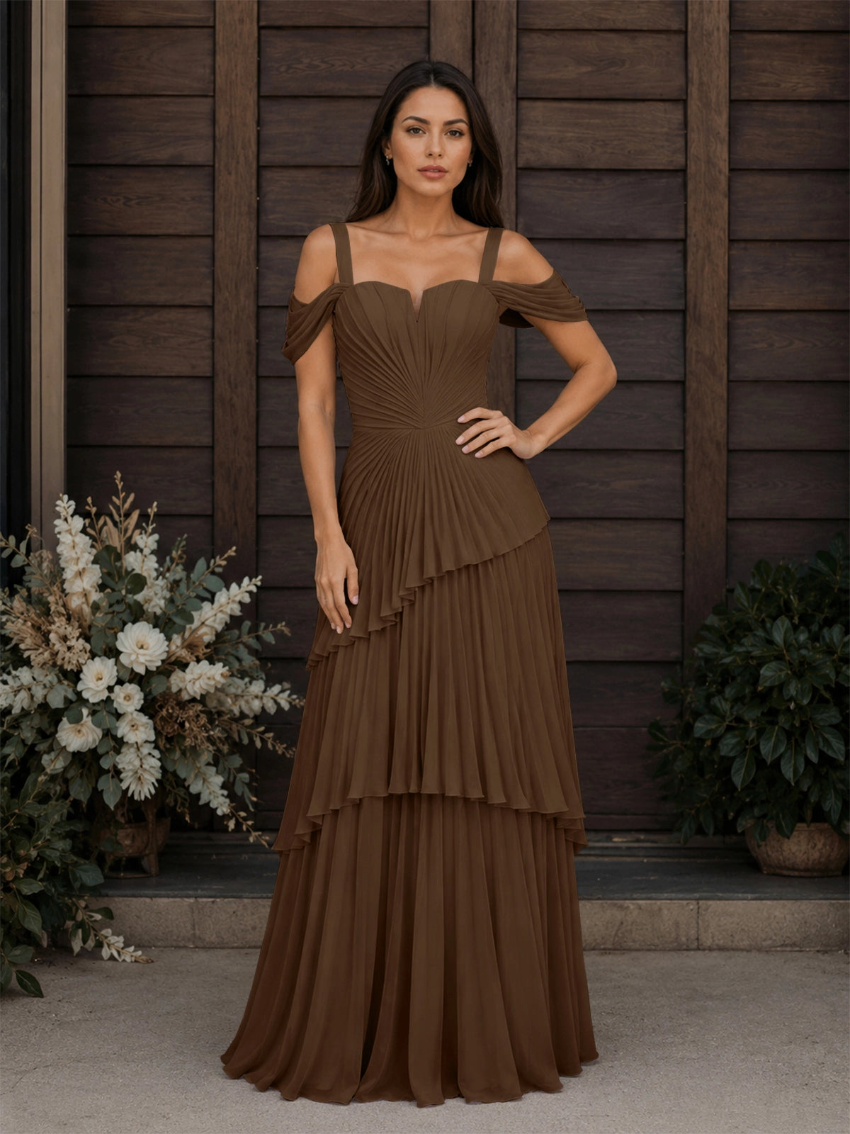 Chiffon Bridesmaid Dress with Cold-Shoulder 