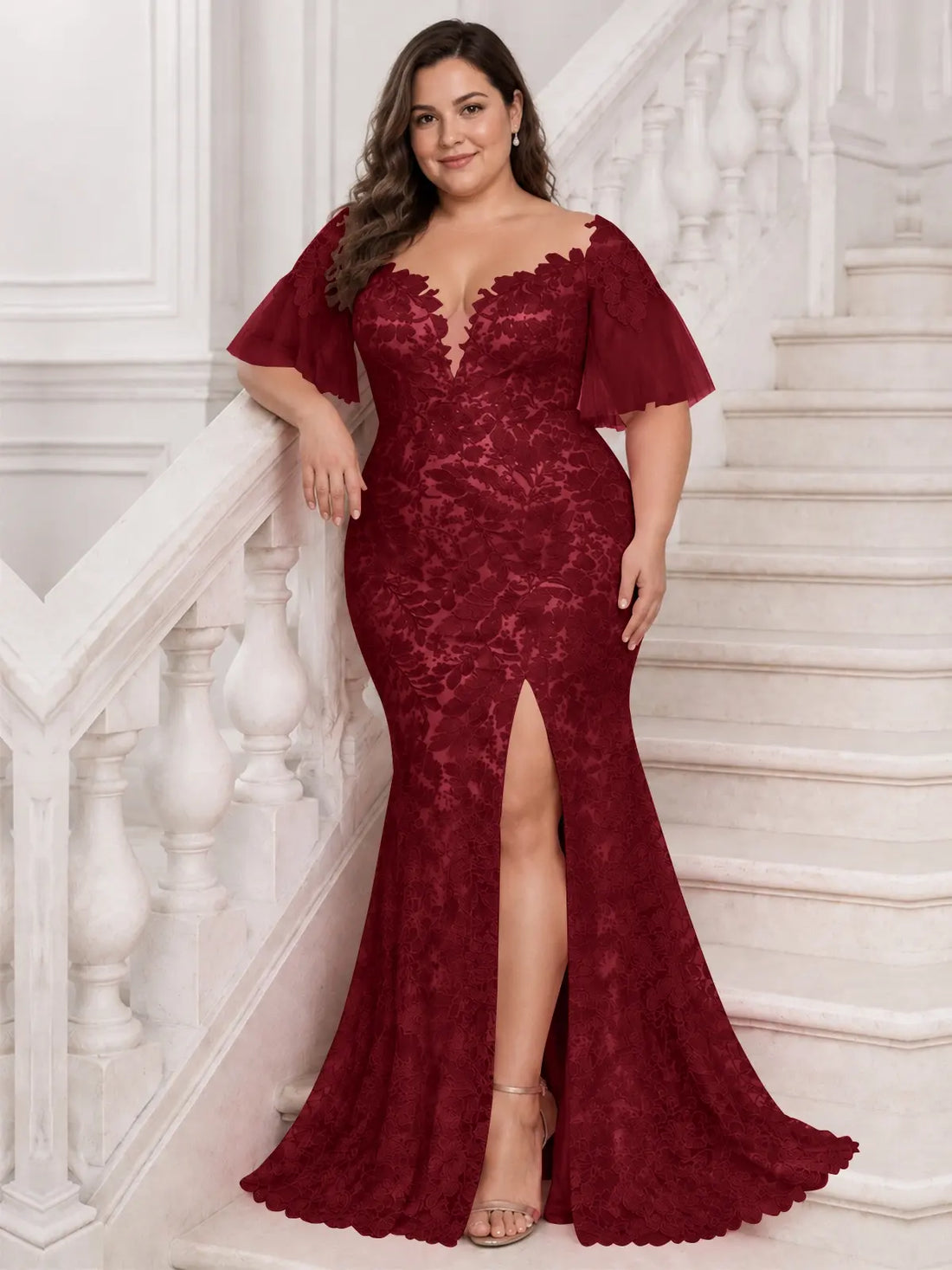 Mermaid Mother of the Bride Dress with V-neck-Plus Size 