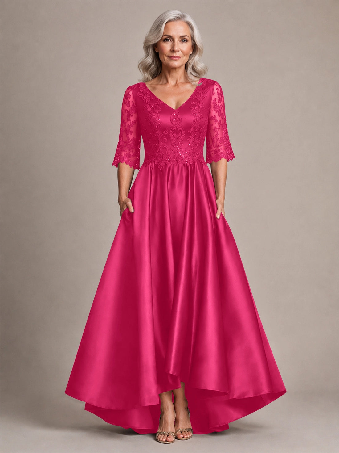Satin Mother of the Bride Dress with Lace Sleeves 