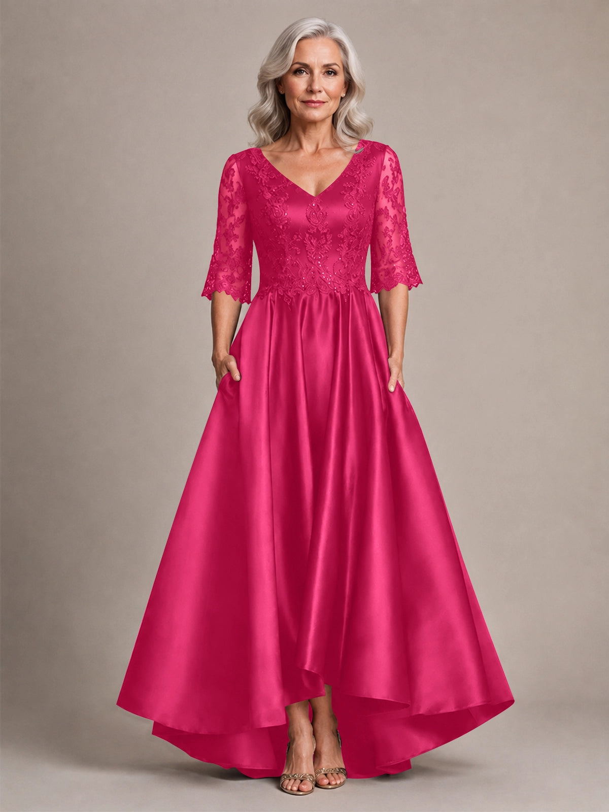 Satin Mother of the Bride Dress with Lace Sleeves 