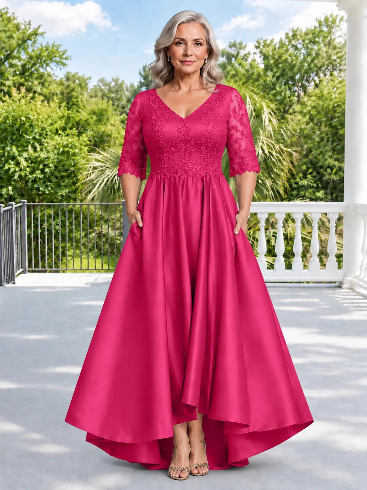Satin Mother of the Bride Dress with Lace Sleeves-Plus Size 