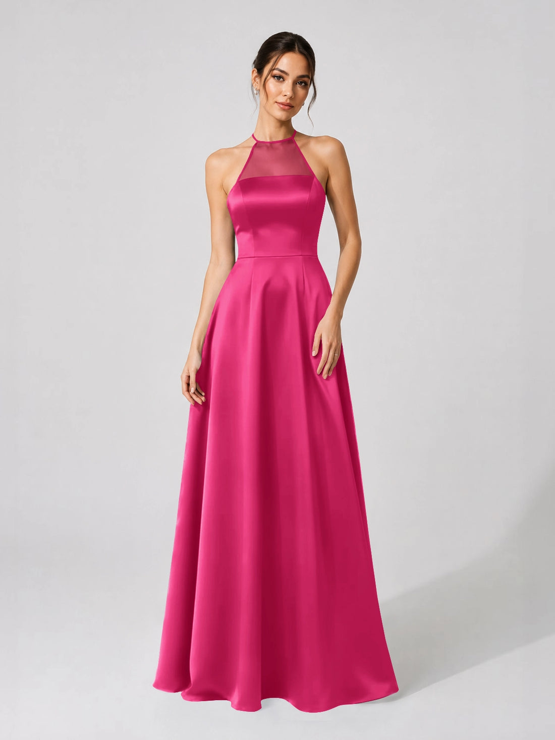 Satin Bridesmaid Dress with Illusion Halter Neck 