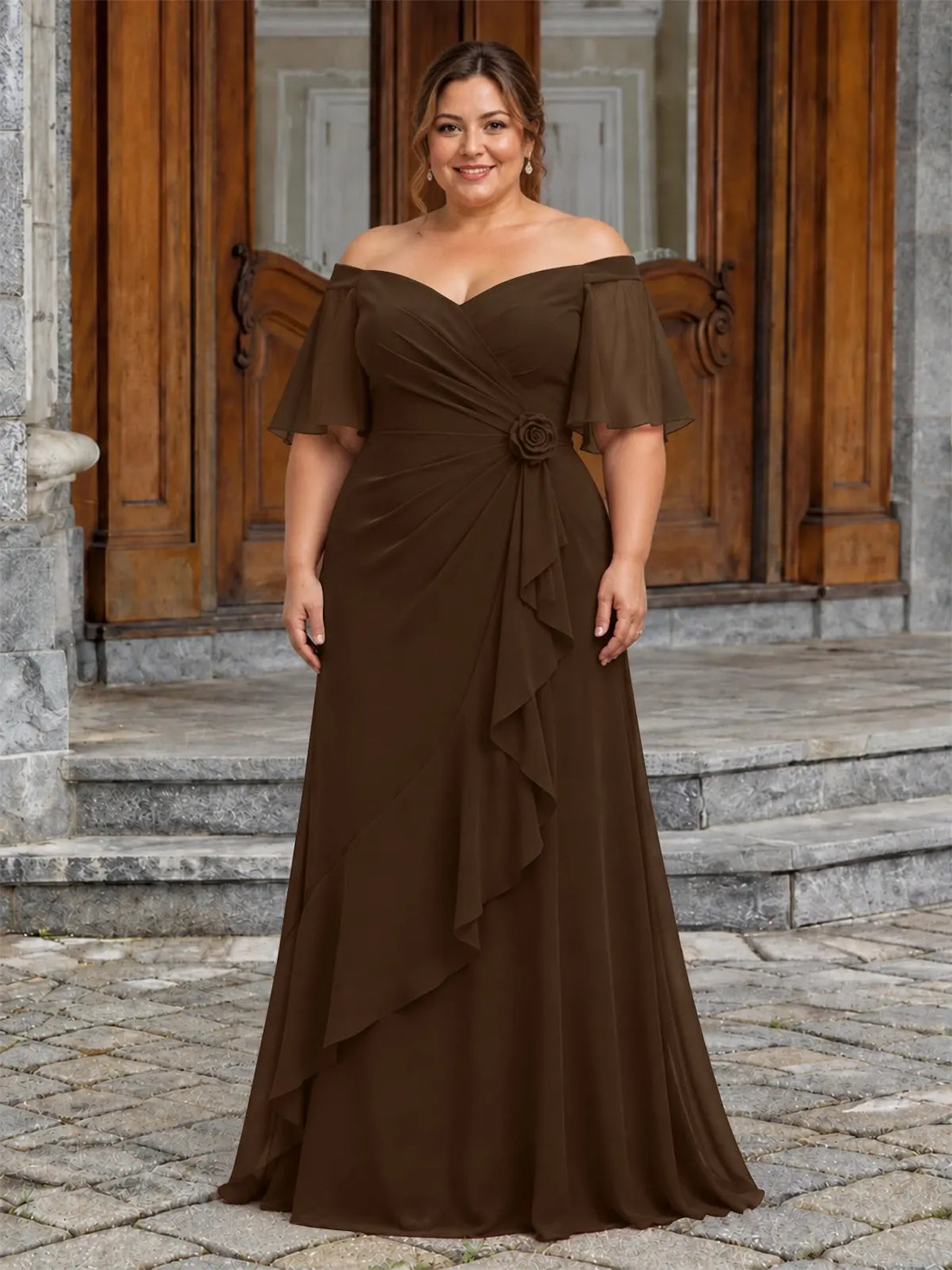 Chiffon Mother of the Bride Dress with 3D Rosette-Plus Size 