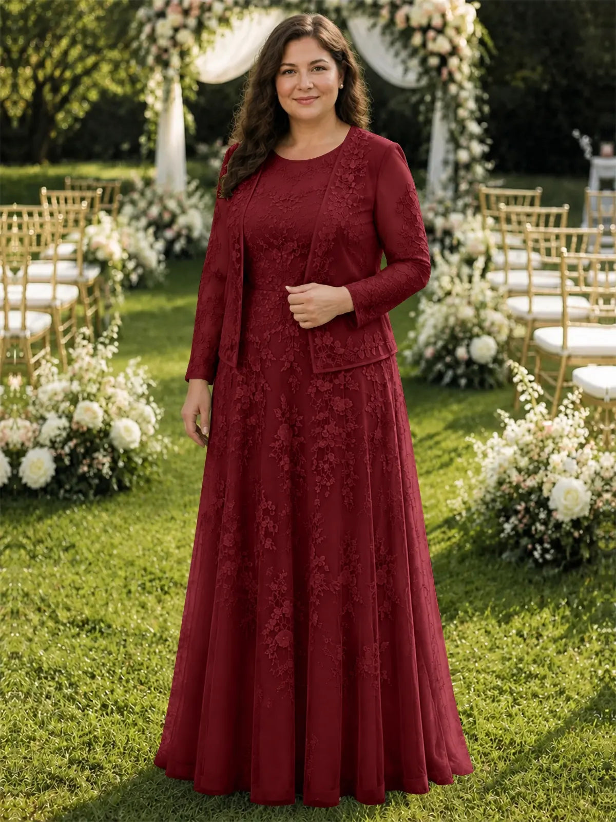 Two-Piece Lace Mother of the Bride Dress with Long Sleeves-Plus Size 