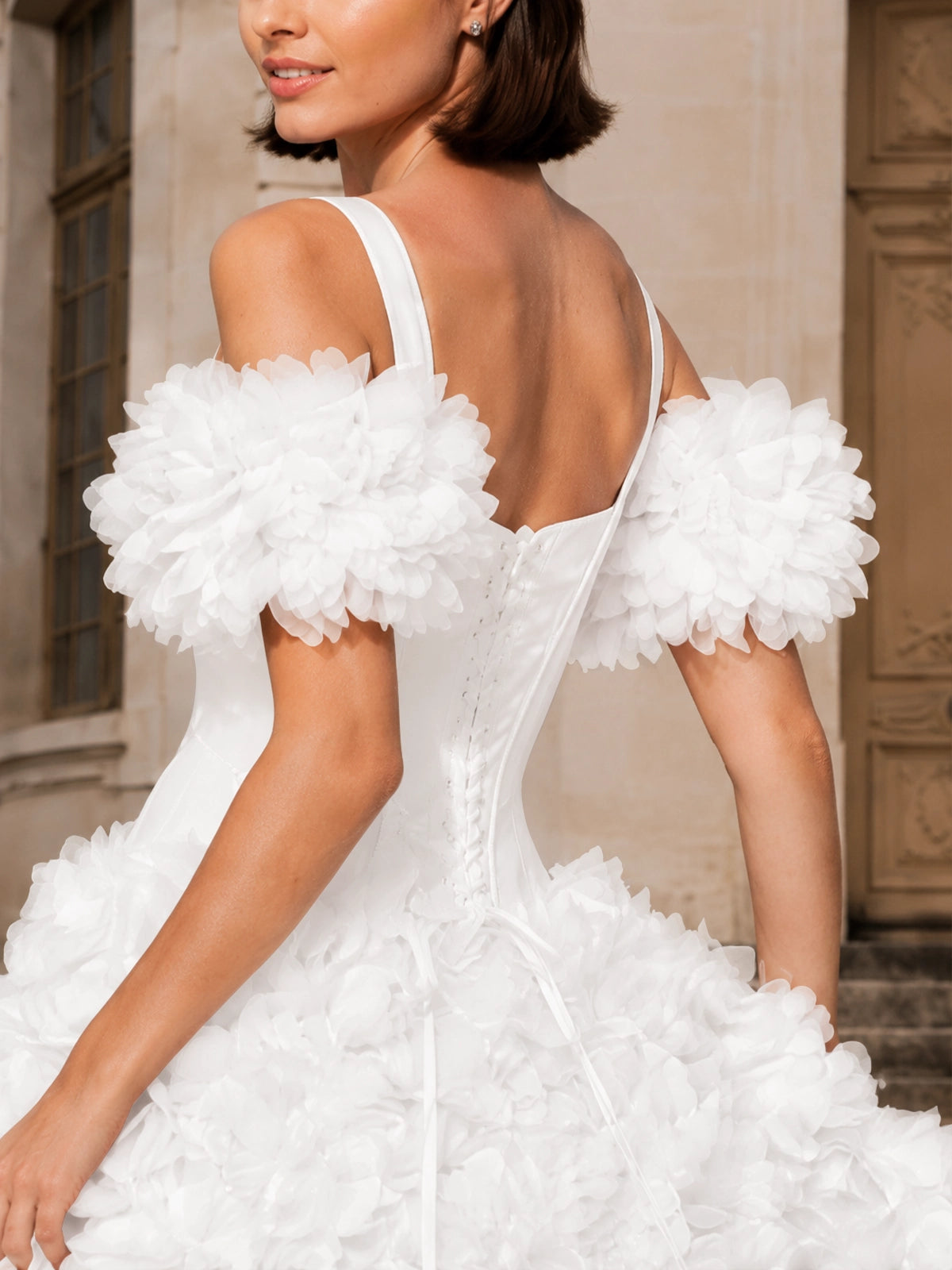 3D Floral Wedding Dress with Off-the-Shoulder Sleeves