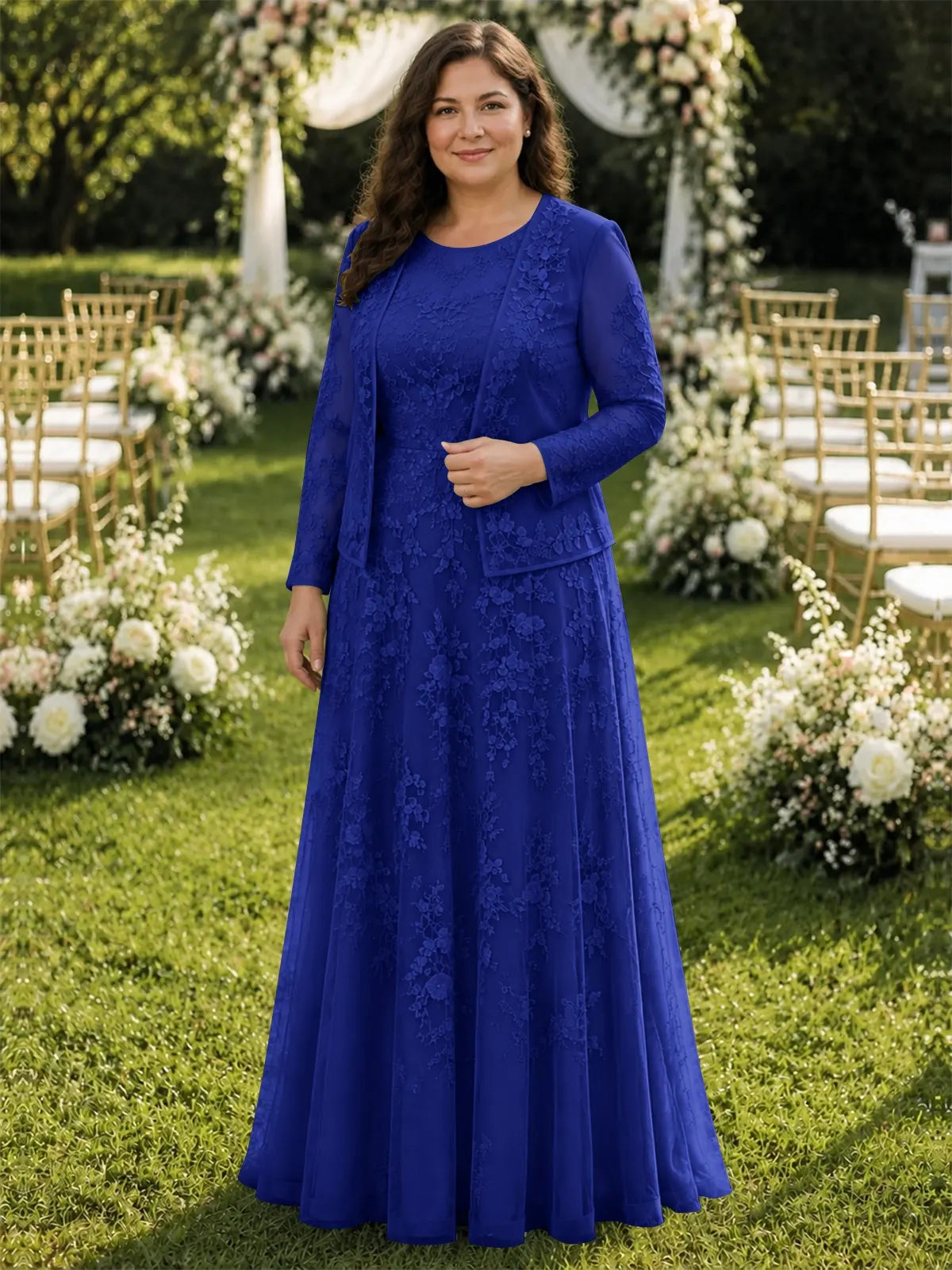 Two-Piece Lace Mother of the Bride Dress with Long Sleeves-Plus Size 