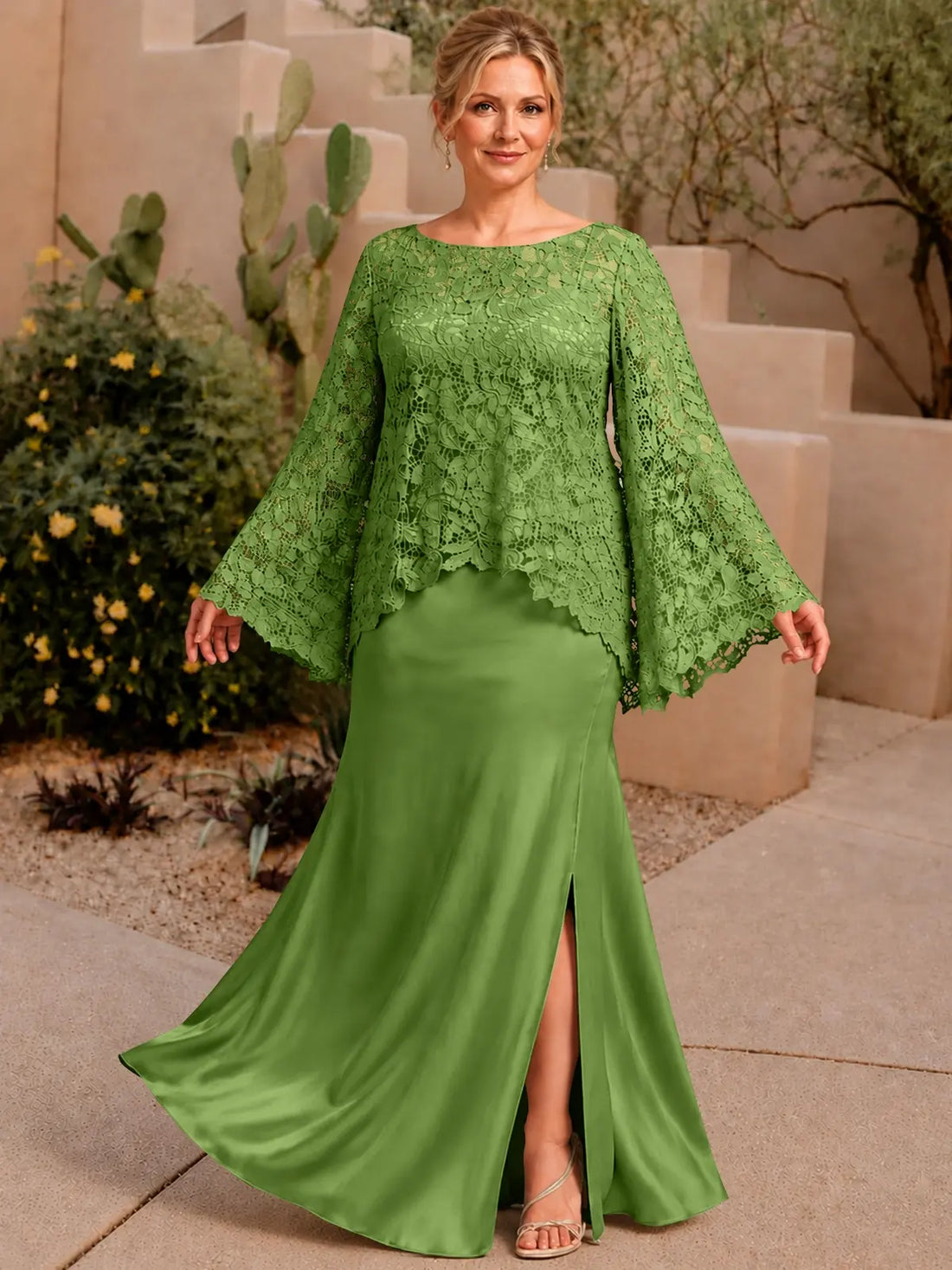 Two-piece Mother of the Bride Dress with Lace Top-Plus Size 