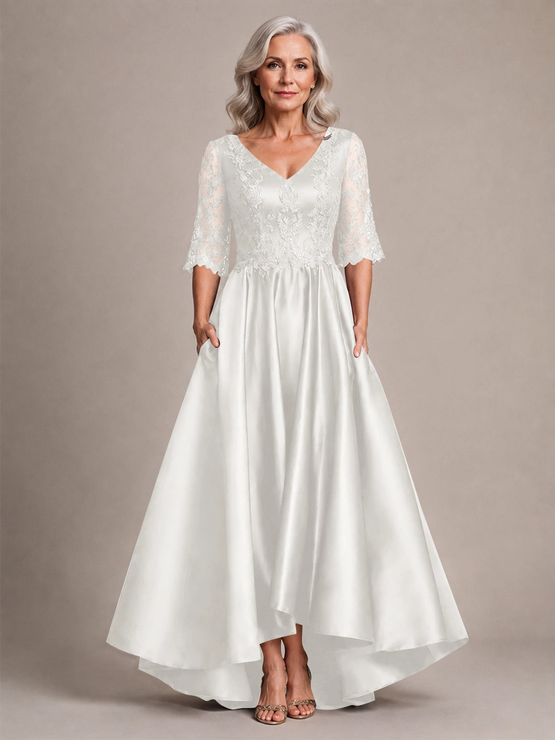 Satin Mother of the Bride Dress with Lace Sleeves 